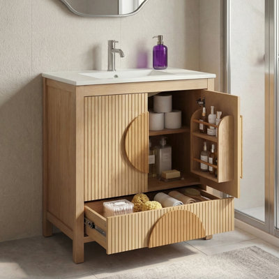 Solid Wood Bathroom Vanity with Integrated Sink & Soft-Close Doors, Freestanding Modern Wood Cabinet with Drawer & Open Storage