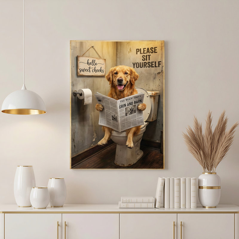 Tableau sur toile tendue représentant un chien lisant un journal, idéal pour décorer une salle de bain., H 24 po x l 16 po