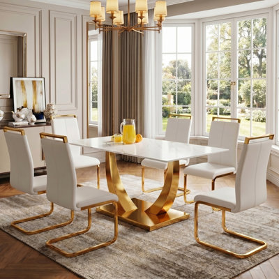 Modern Glam Rectangle Faux Marble 7-Piece Dining Set with Faux Leather Cantilever Chairs