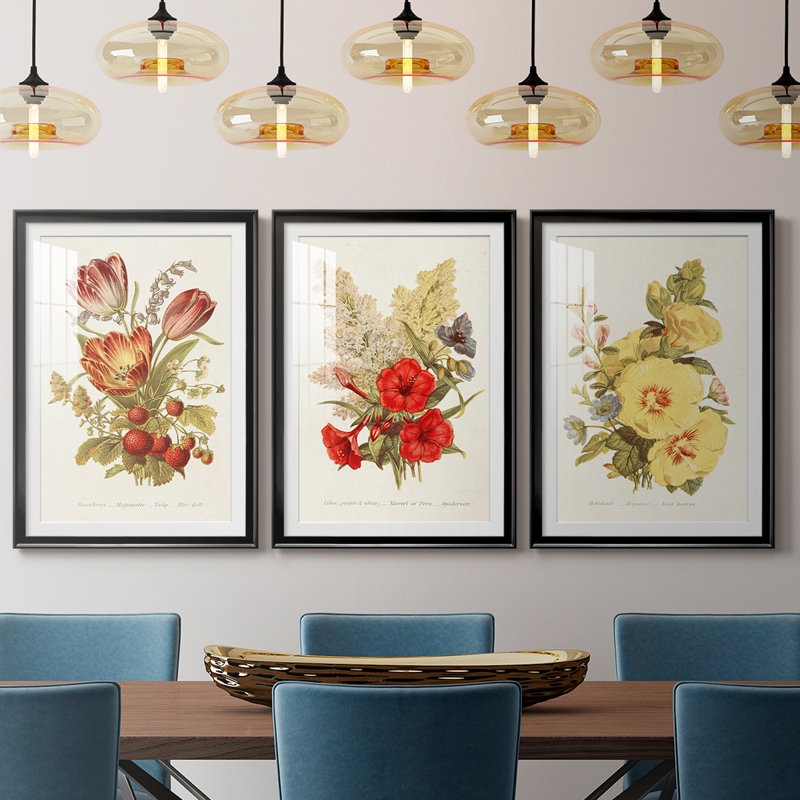 Antique Floral Bouquet IV - Impression sur mesure encadrée de qualité supérieure - 3 pièces, H 15 po x l 19 po, Noir