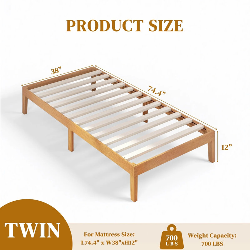 Structure de lit en bois massif, base de lit double avec support en lattes de bois, conception robuste, élégante et silencieuse, aucun sommier requis, assemblage facile, pin naturel de 12 po