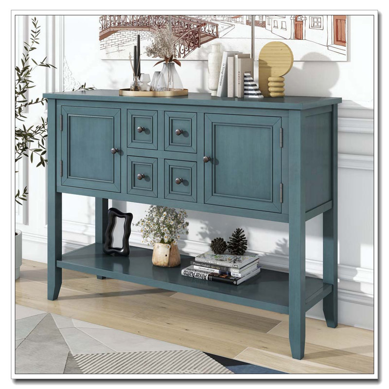 Console de rangement rétro avec quatre petits tiroirs et une tablette inférieure, Bleu très foncé