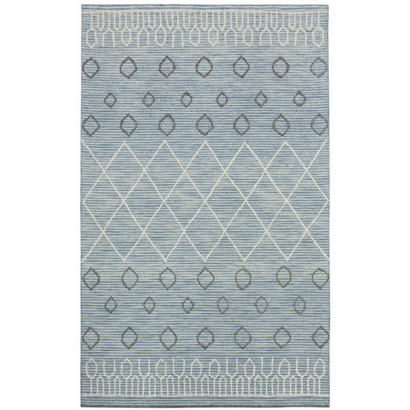 Tapis géométrique crocheté à la main 2 pi x 3 pi bleu gris et ivoire