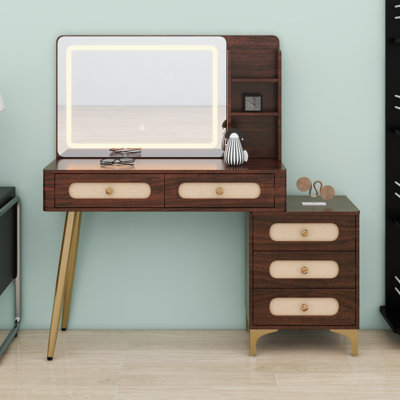 Vintage Makeup Vanity with Lighted Mirror, Drawers & Storage Shelf