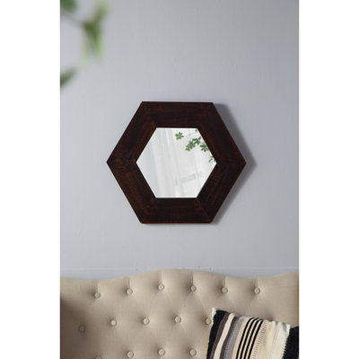 Miroir hexagonal avec bordure en bois massif, article de décoration murale, 18,5 po x 18,5 po, envers ferme hexagonal brun foncé, ornement de salle de bain de salon, 18,5 po x 18,5 po