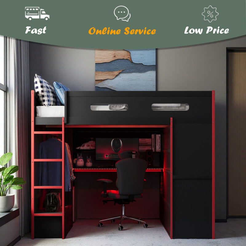 Full Size Wood Loft Bed With Desk,Wardrobe,Ample Storage Space,And RGB LED Light, Red