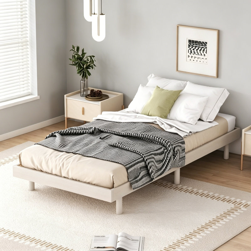 Structure de lit flottante de conception moderne, base de lit en bois, Lit simple, Blanchies