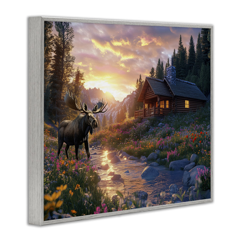 Cozy Cabin Moose Visit Framed Giclee, design by Jim Baldwin, Farmhouse Grey Framed Giclee, 11" H x 14" W