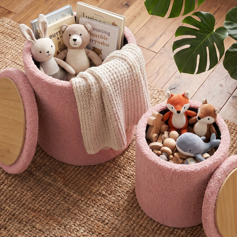 Tabouret de coiffeuse rond avec rangement ， Ensemble de deux pièces (grand et petit), Pink