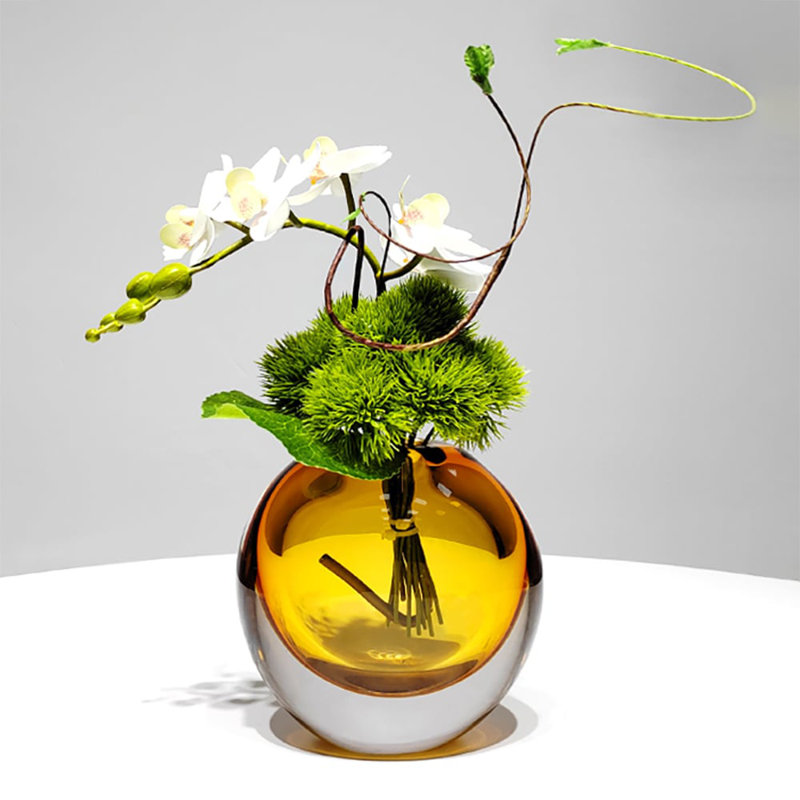 White Artificial Flower Arrangement in Vase Dining Table Centerpiece Fake Flower Decor, 6.7" H x 11" W x 12.2" D, Amber