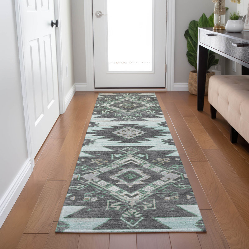 Machine Washable Indoor/Outdoor Xhevrie Mint Rug, Runner 2'3" x 7'6"