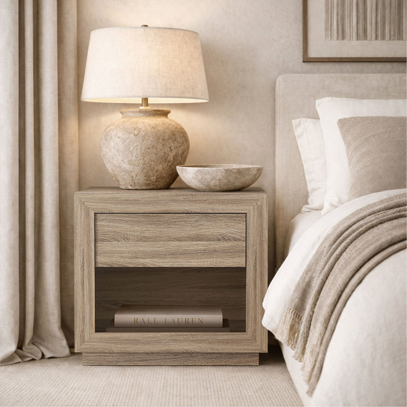 Table de chevet large à cadre encadré, tiroir simple avec tirette dissimulée et compartiment de rangement inférieur ouvert, armoire de chambre basse à base de socle flottant