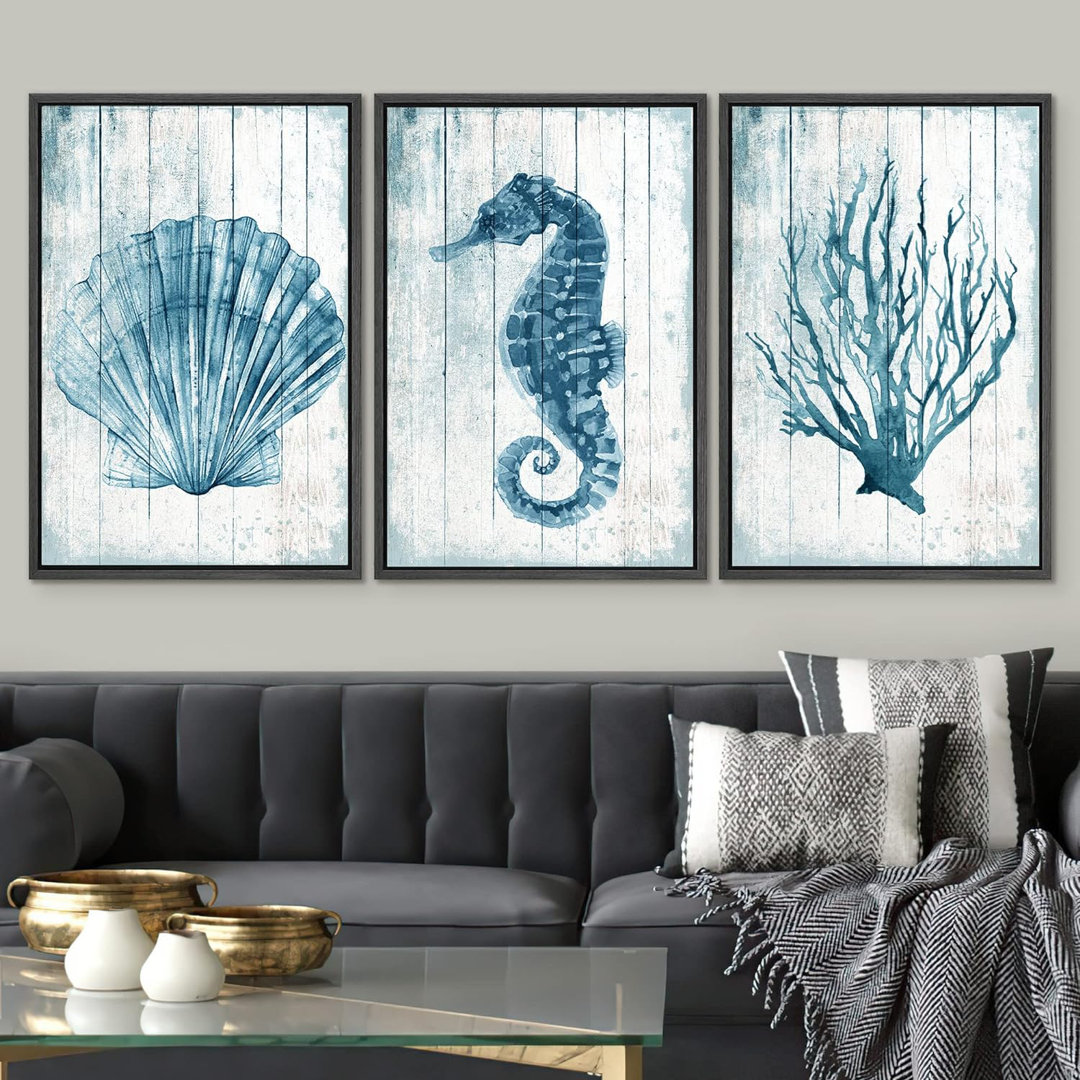 Blue Seahorse , Seashell And Coral Nautical Marine Artwork Framed Canvas Print 3 Pieces Wall Art IDEA4WALL 