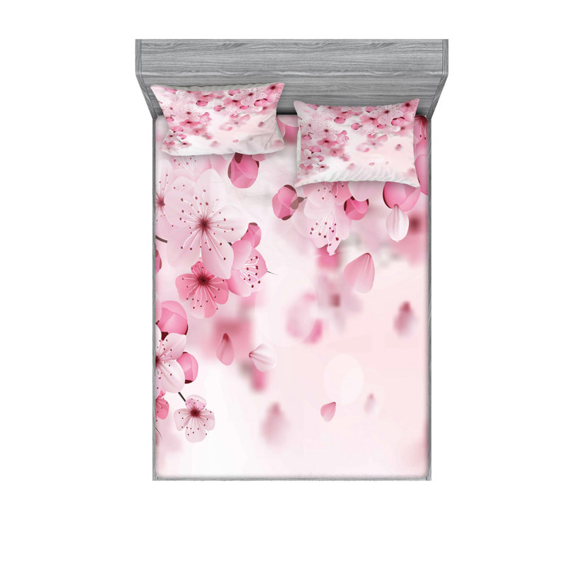 Microfiber Floral Sheet Set, Queen Sheet Set with Fitted Sheet, Japanese Sakura Floral