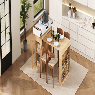 Table de salle à manger extensible avec plateau pliable, table de bar avec tiroirs et prise de courant, îlot de cuisine avec roulettes et crochets, buffet pour la cuisine et la salle à manger