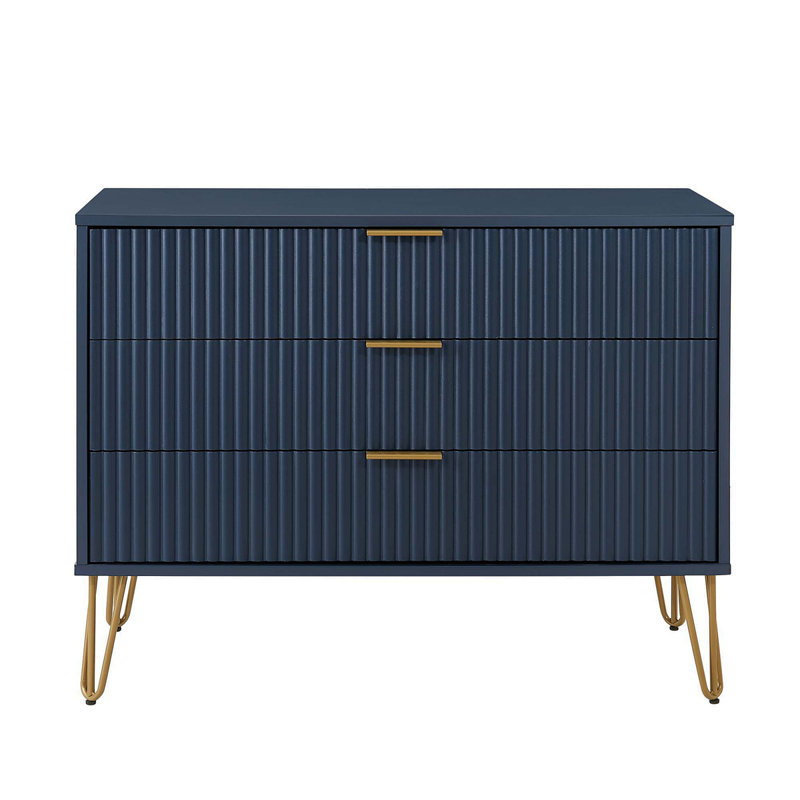 Commode cannelée 35 "de couleur bleu nuit Dumbo (3 tiroirs), Bleu foncé / or