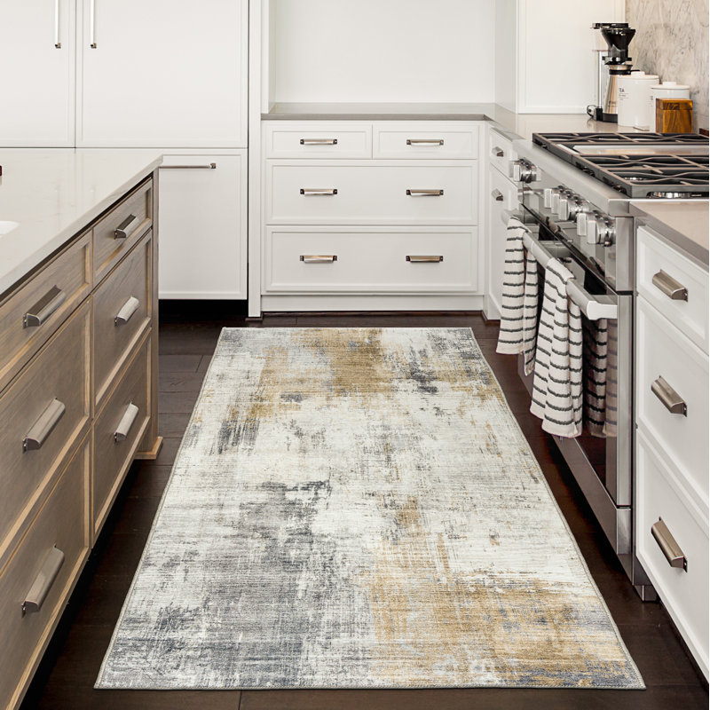 Mackeroy Quinn Abstract Beige Gray Ivory Machine Washable Area Rugs, Runner 2'6" x 8'