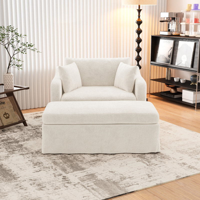 Fauteuil d'appoint rembourré avec repose-pieds en chenille, Beige