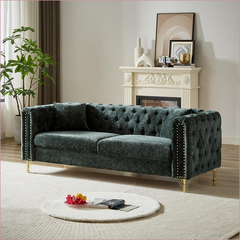 Canapés, canapé en chenille moderne de 60 pouces avec capitonnage à boutons | Canapé de salon en cuivre à garniture cloutée | Chenille