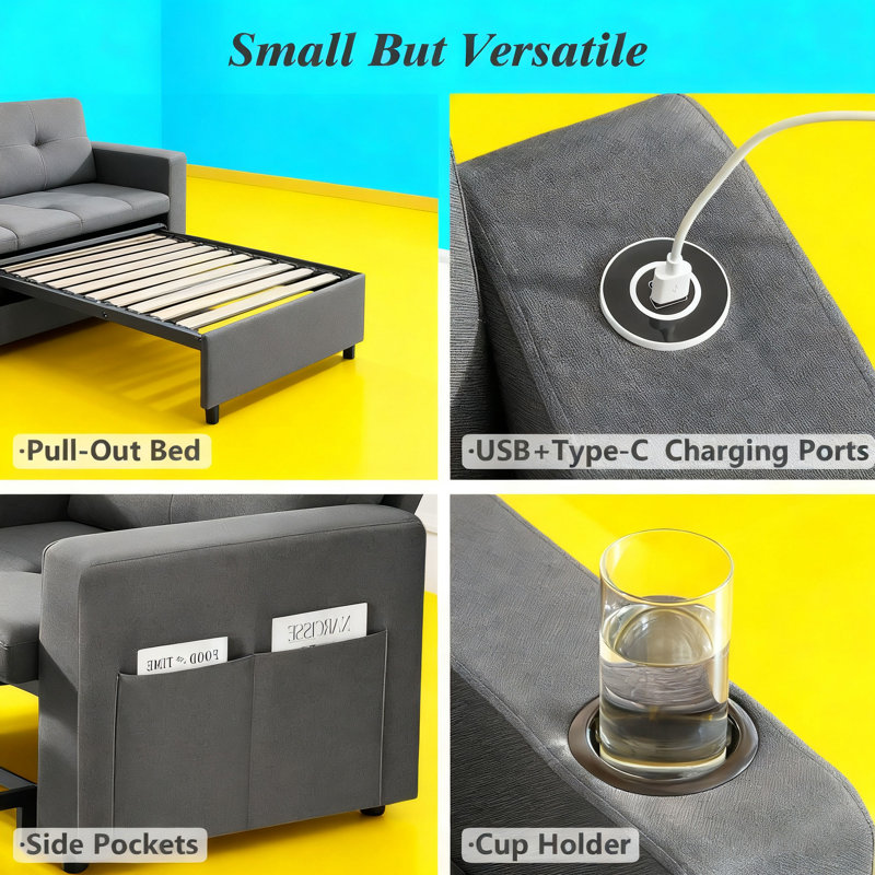Single Sofa Bed With Usb & Type-C Charging Ports, Pull-Out Sleeper Chair With Adjustable Backrest, Storage Pocket, Cup Holder & Foldable Side Table, Linen Fabric Convertible Sofa For Small Spaces