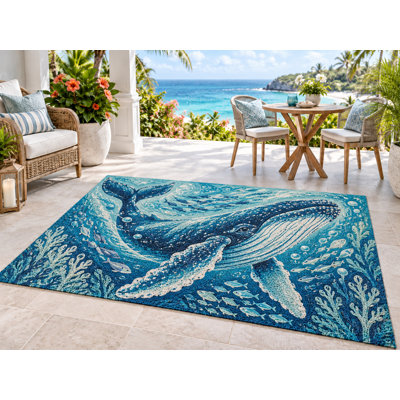 Tapis d'extérieur 152 x 213 cm (5' x 7') motif baleine à bosse et poissons de l'océan, en PVC épais, imperméable et bouclé, idéal pour terrasse, balcon, VR et autres espaces extérieurs. Séchage rapide.