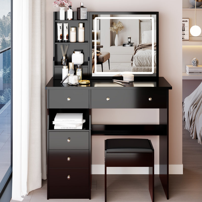 Left Drawer 37" Vanity Table With Cushioned Stool, Sliding Touch - Enabled Tri Color Led Mirror And Abundant Storage For Large Areas Middle Size 37 Inch , Based High Capacity Big Spaces