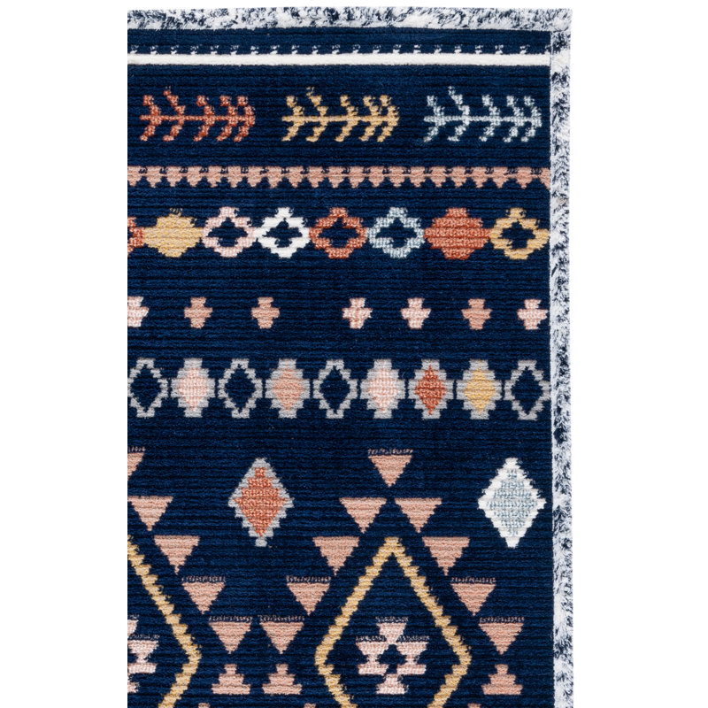 Tapis bleu marine / orange / blanc Baston Southwestern, Rectangle 5 pi 3 po x 7 pi 6 po
