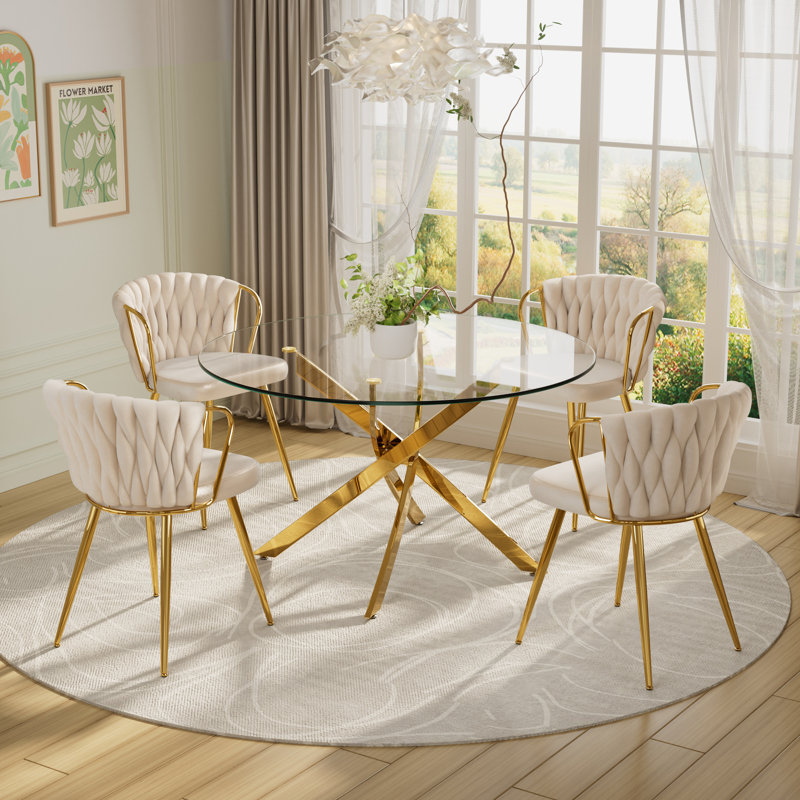 5 - Piece Round Glass Dining Set, 29.5"H x 47.24"L x 47.24"W, Beige