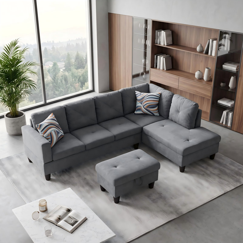 Canapé modulaire rembourré réversible avec repose-pieds, Gray Linen, Orienté à droite