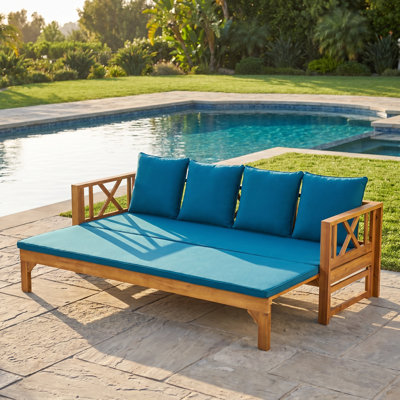 Outdoor Extendable Acacia Wood 3 Seater Patio Daybed Sofa, Convertible Upholstered Cushion Lounge for Garden, Backyard & Poolside, Beige