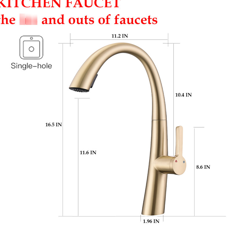 Pull Out Kitchen Tap In Brushed Gold - Stainless Steel, Spout, 11.6 Inch Height, Stream And Spray Modes Steel Down Faucet Single Handle, High Arch 16.5