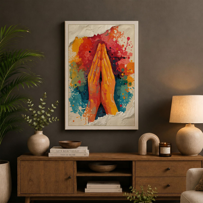 Hands in Prayer Light Minimalist - Wrapped Canvas, 24x16 - 61.0 x 40.6 cm, Ochre Border