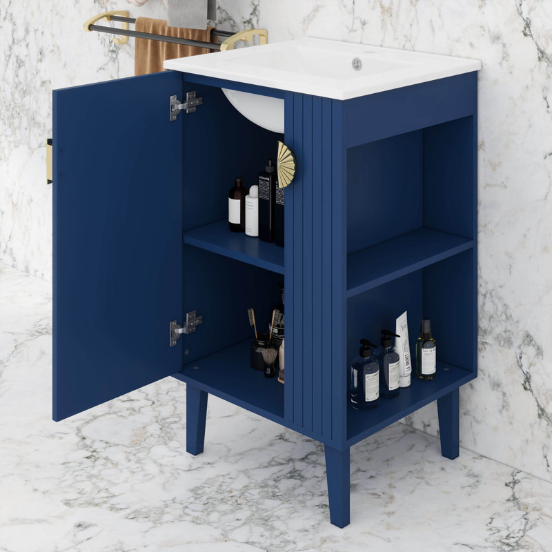 Ensemble de meuble-lavabo 20 po avec lavabo en céramique, tablettes latérales modernes ouvertes, Bleu