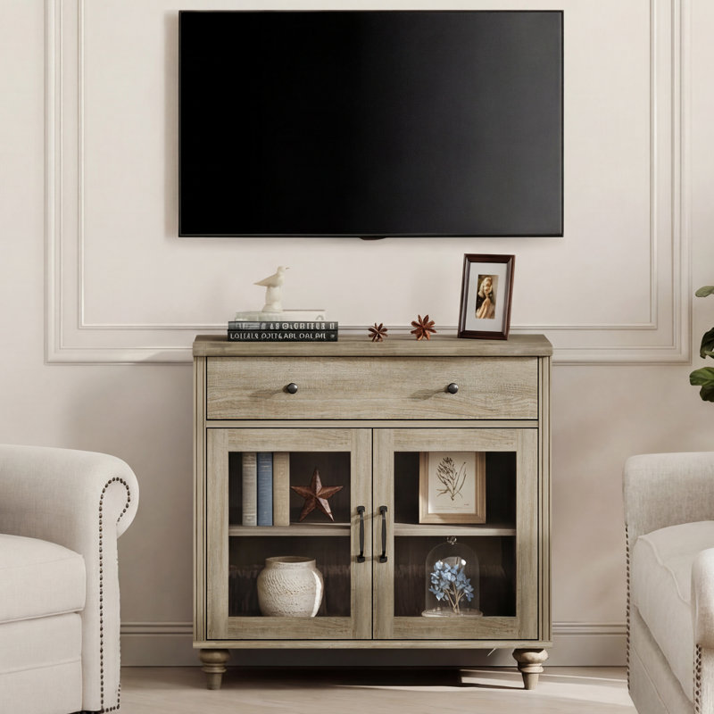 Meuble TV Corretta de style ferme pour téléviseur de 43 pouces avec portes vitrées et tiroir, meuble télé universel en bois avec rangements, console télé pour salon ou chambre, gris délavé
