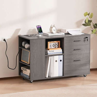 3 Drawer Wooden File Cabinet Mobile Filing Cabinet with Power Strip by Inbox Zero