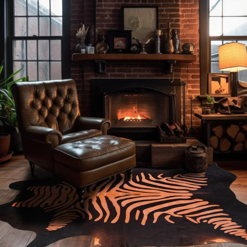Tapis en peau de vache orange sur fond noir, Nouveauté 5 pi 8 po x 6 pi 7 po
