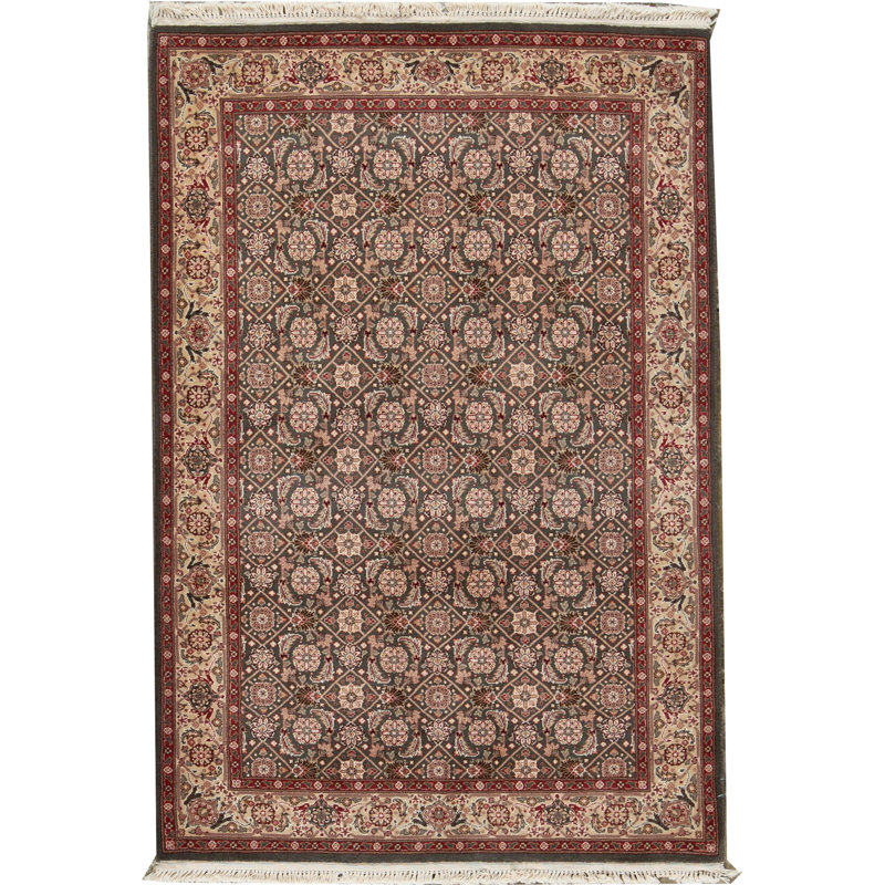 Tapis vert, beige et rouge noué à la main de haute qualité