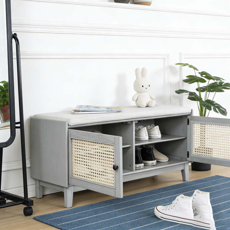 Entryway Bench with Storage, Cushioned Shoe Bench with Double Doors, Beige/Gray Wash