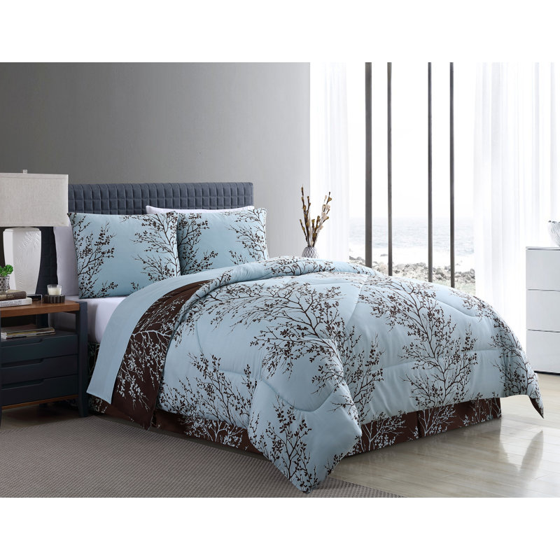 Leaf 8-Piece Reversible Bed-in-a-Bag Comforter Set, King Comforter + 7 Additional Pieces, Blue/Chocolate
