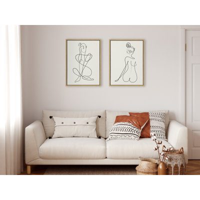 Thinking of You Line Art Black and White and Sitting Beauty Black and White by Rachel Lee 3 Birdies Studio Framed Canvas Wall Art Set