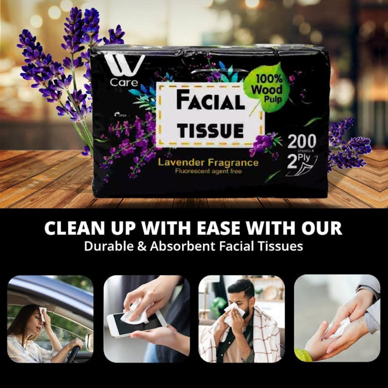 WBM Care Facial Tissues with Lavender Fragrance, 2-Ply, 200 Sheets/Box