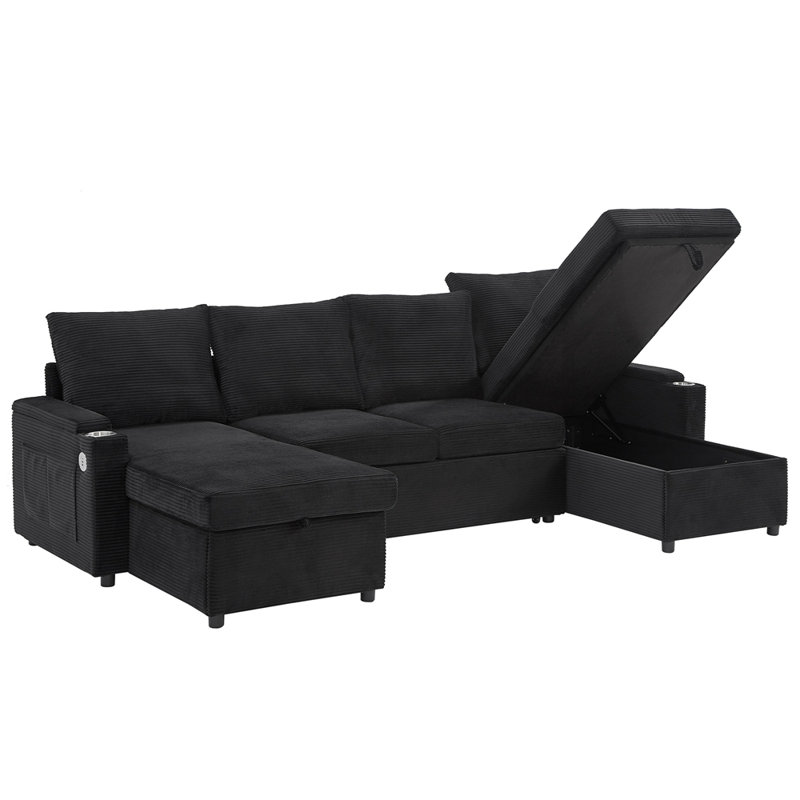 Canapé rembourré avec chaises longues de rangement, Noir
