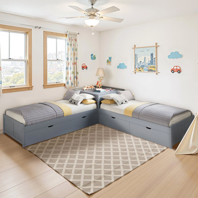 L-Shaped Twin Solid Wood Trundle Bed with Flip-Top Storage Desk, Gray