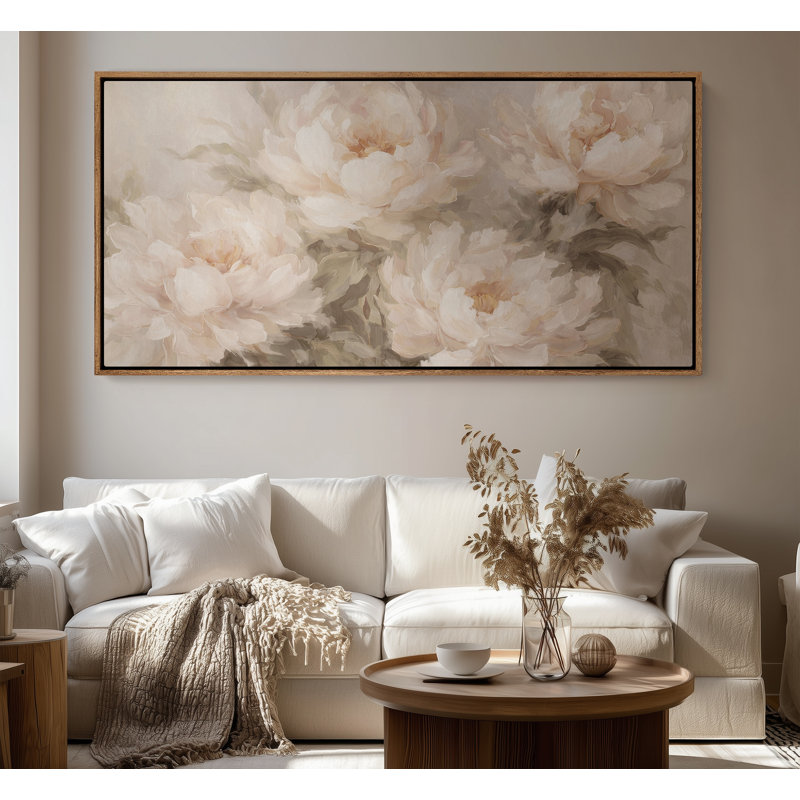 Art mural encadré sur toile - Bouquet de pivoines romantiques dans une palette neutre rétro - 16 po x 24 po, 24 po x 36 po