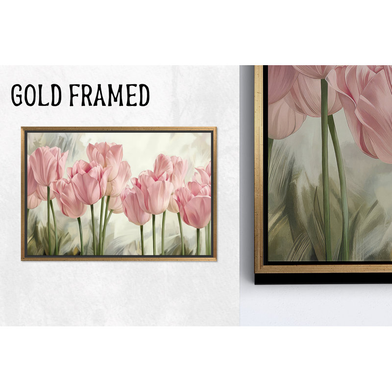 Imprimé de tulipes roses sur toile: art mural floral moderne et élégant, 1P encadrée d'or, H : 31,6 x L : 43,4 pouces