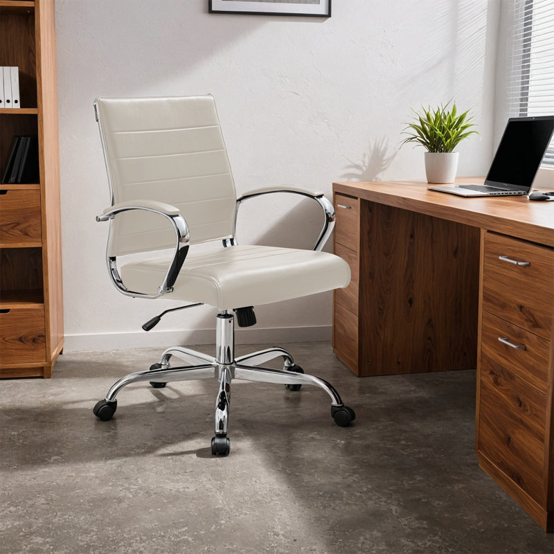 Mulkey Ribbed Vegan Leather Mid-Back Office Chair, Mid-Century Ergonomic Executive Chair, Tan