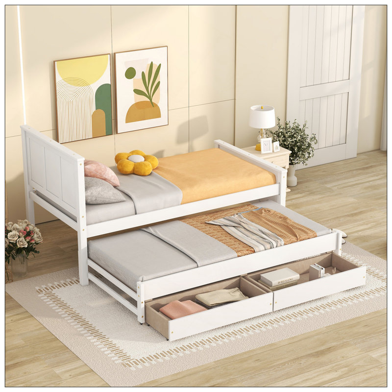 Lit plateforme simple avec lit gigogne et tiroirs, Blanc