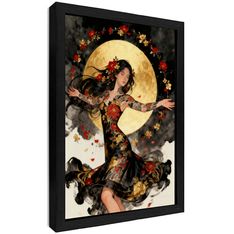 Reproduction d'art encadrée noire rétro japonaise, geisha, H 11 po x l 9 po