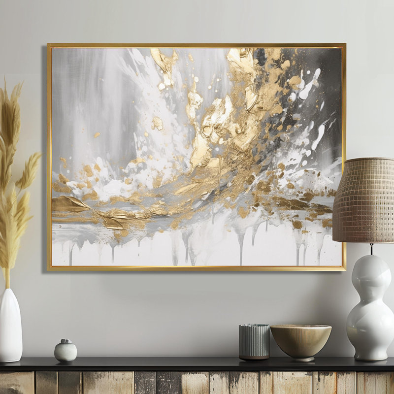 Gold and White Colliding Abstract - Abstract Wall Art, Modern Canvas Print, 34" H x 44" W, Floater Framed Print, Gold