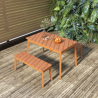 Ensemble de salle à manger 3 pièces pour table d'extérieur en bois d'acacia avec 2 bancs, table de pique-nique pour patio, porche, jardin, bord de piscine, naturel